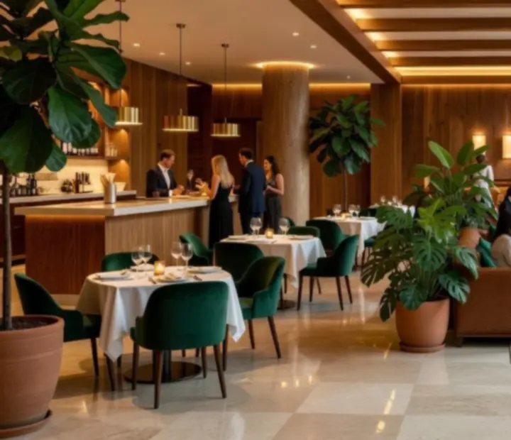 Warm evening restaurant interior with designer lighting and luxurious finishes.