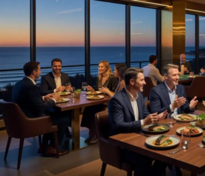 Cinematic Australian restaurant interior with guests dining and enjoying an elegant poker table.