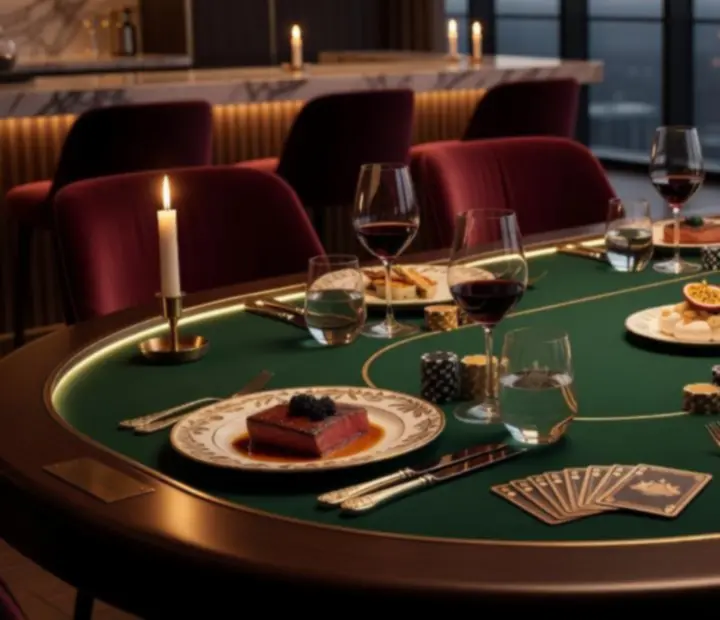 Fine dining dishes and cocktails arranged beside a luxury poker table