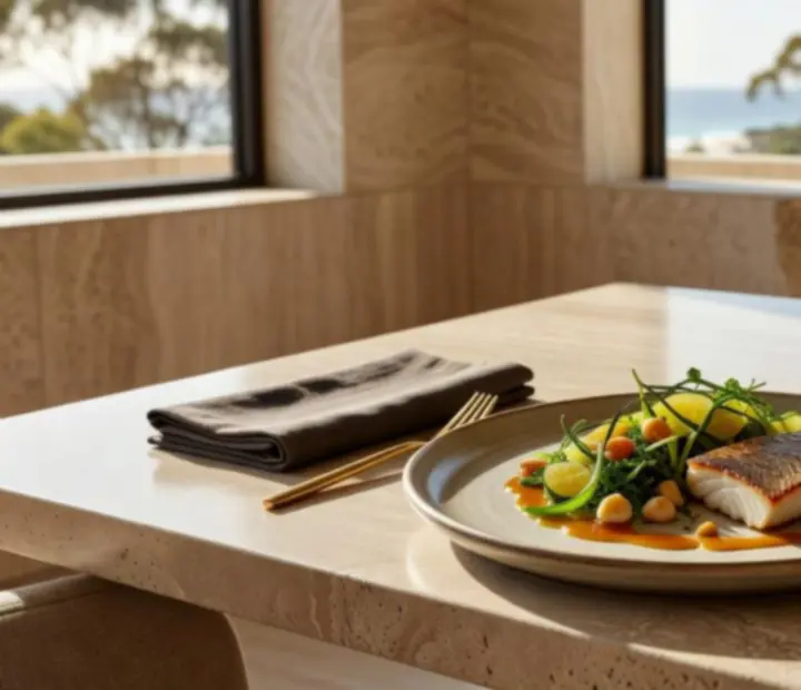 Cinematic presentation of HoldemAndHearth signature modern Australian dishes in a warm luxury dining setting