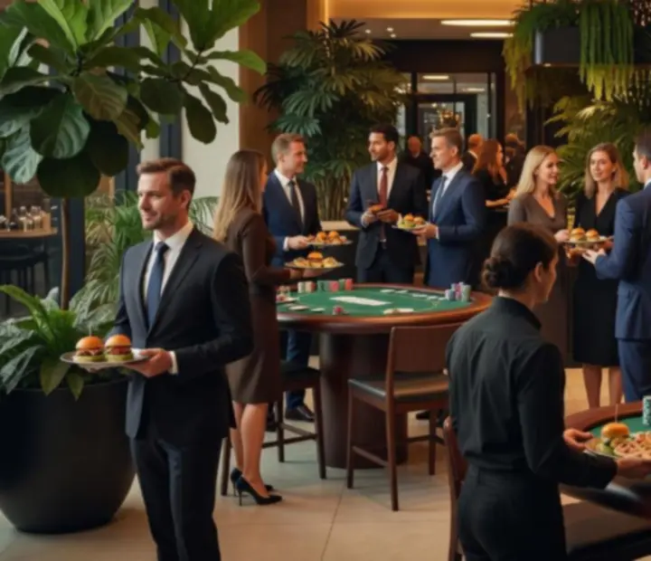 Professionals networking over drinks in a warm, contemporary restaurant space