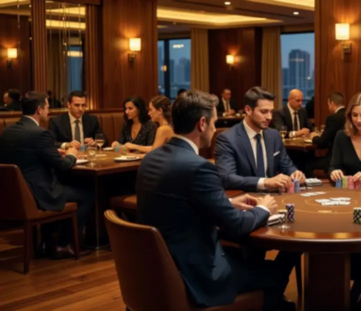 Guests enjoying an elegant offline poker evening in a luxury Australian restaurant lounge