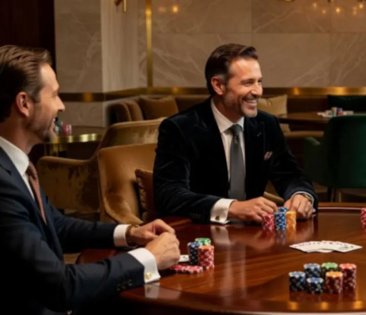 Luxurious poker table set within a refined restaurant lounge atmosphere.