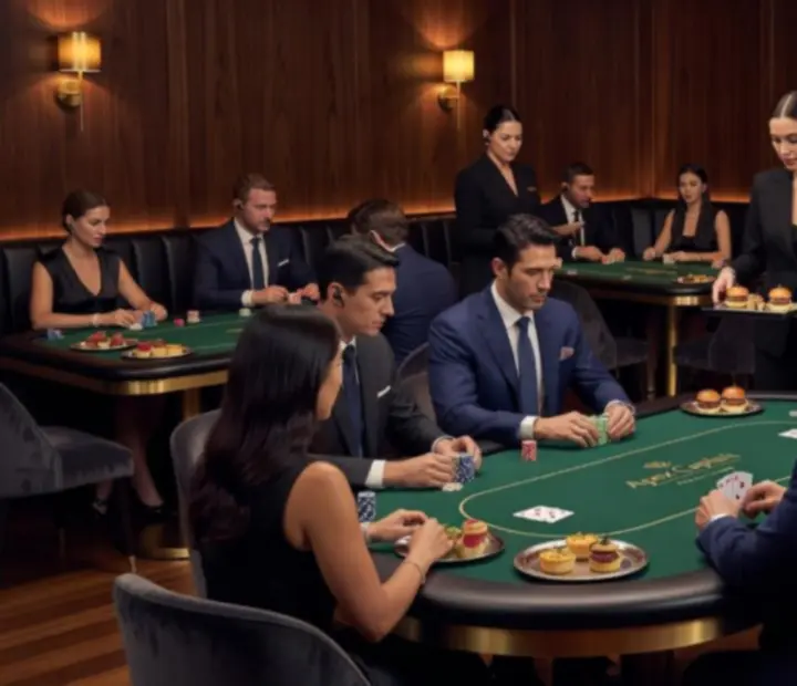 Elegant private poker tournament with guests around a premium table in a luxury restaurant