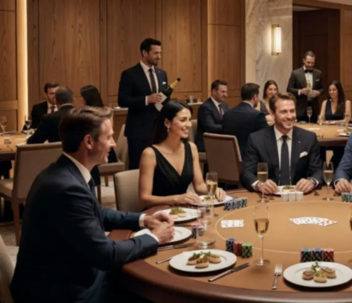 Close-up of a private poker table setup with cards and chips in a refined dining room