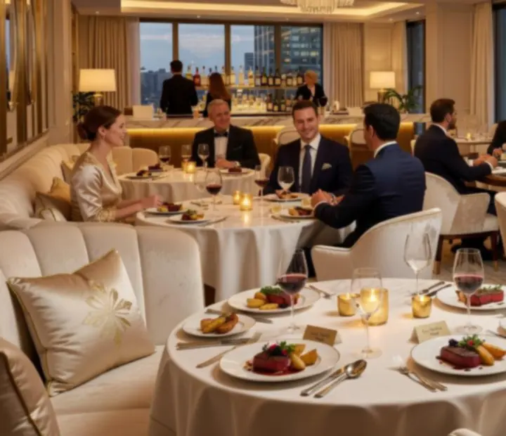 Guests enjoying an elegant evening at HoldemAndHearth, with gourmet dishes and a refined offline poker table in view