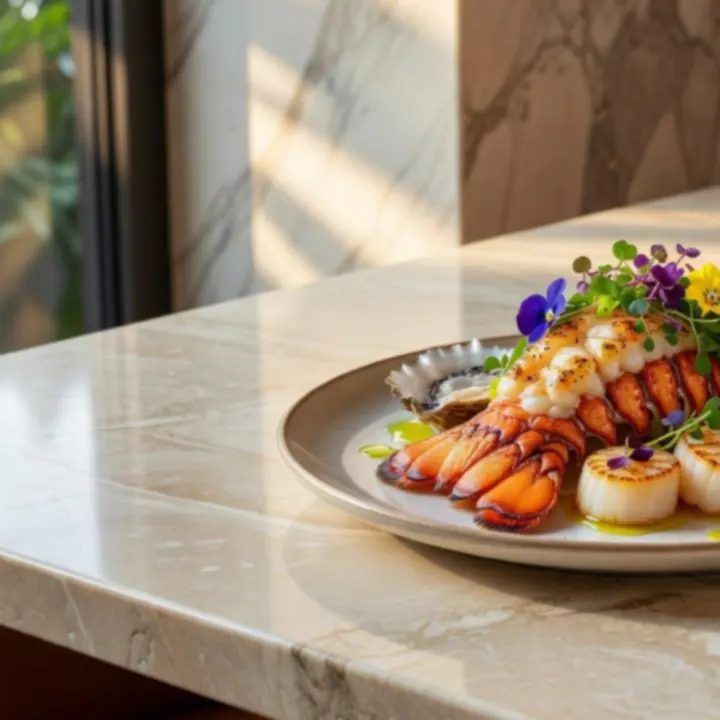 Cinematic close-up of seasonal gourmet Australian dishes plated in a luxury restaurant