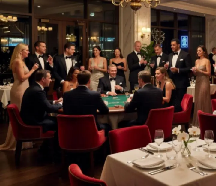 Guests gathered around a long table at an upcoming event in a luxury restaurant